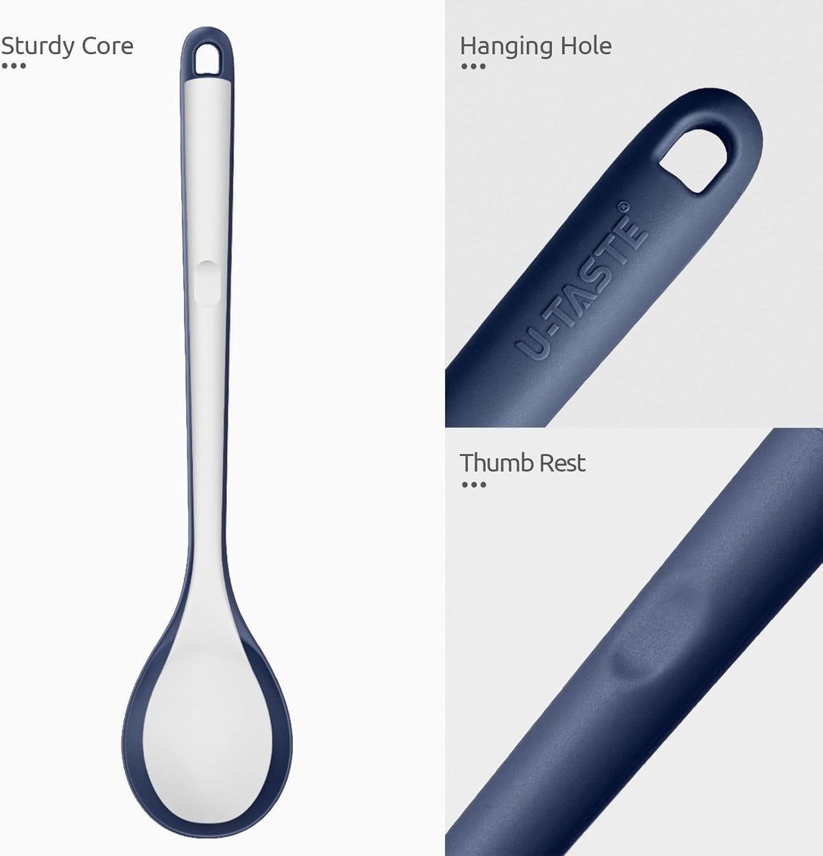 U-Taste 600°F Heat Resistant Silicone Spoons Set of 2, 13.3in Long Large Cooking Spoon, Kitchen Utensil for Mixing/Stirring/Serving, Midnight Blue