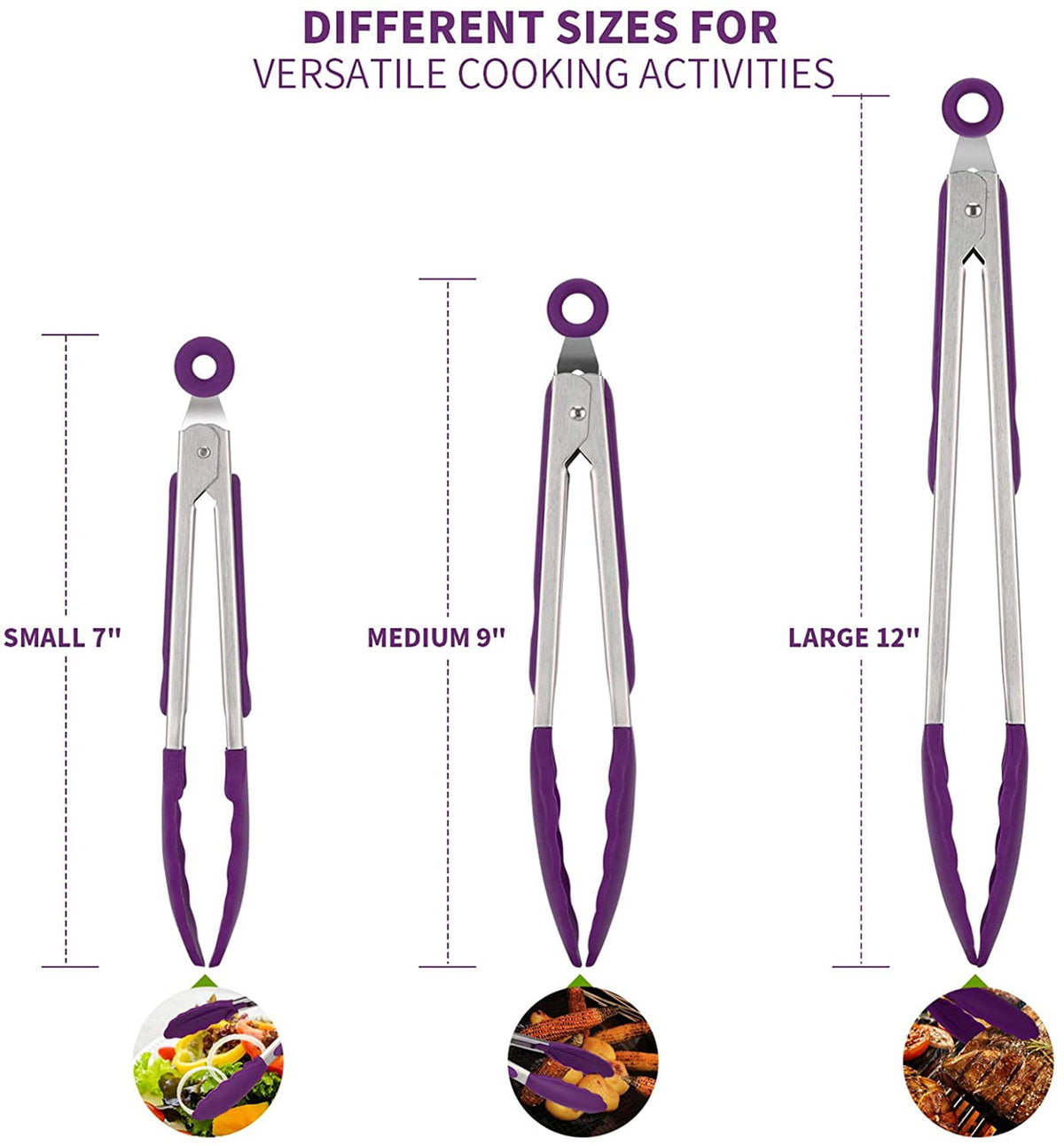 U-Taste 600ºF Heat-Resistant Kitchen Tongs for Cooking, Silicone Tong Utensils Set for Food Serving, Rubber Salad/Grill/BBQ Tongs, 7/9/12in, Purple