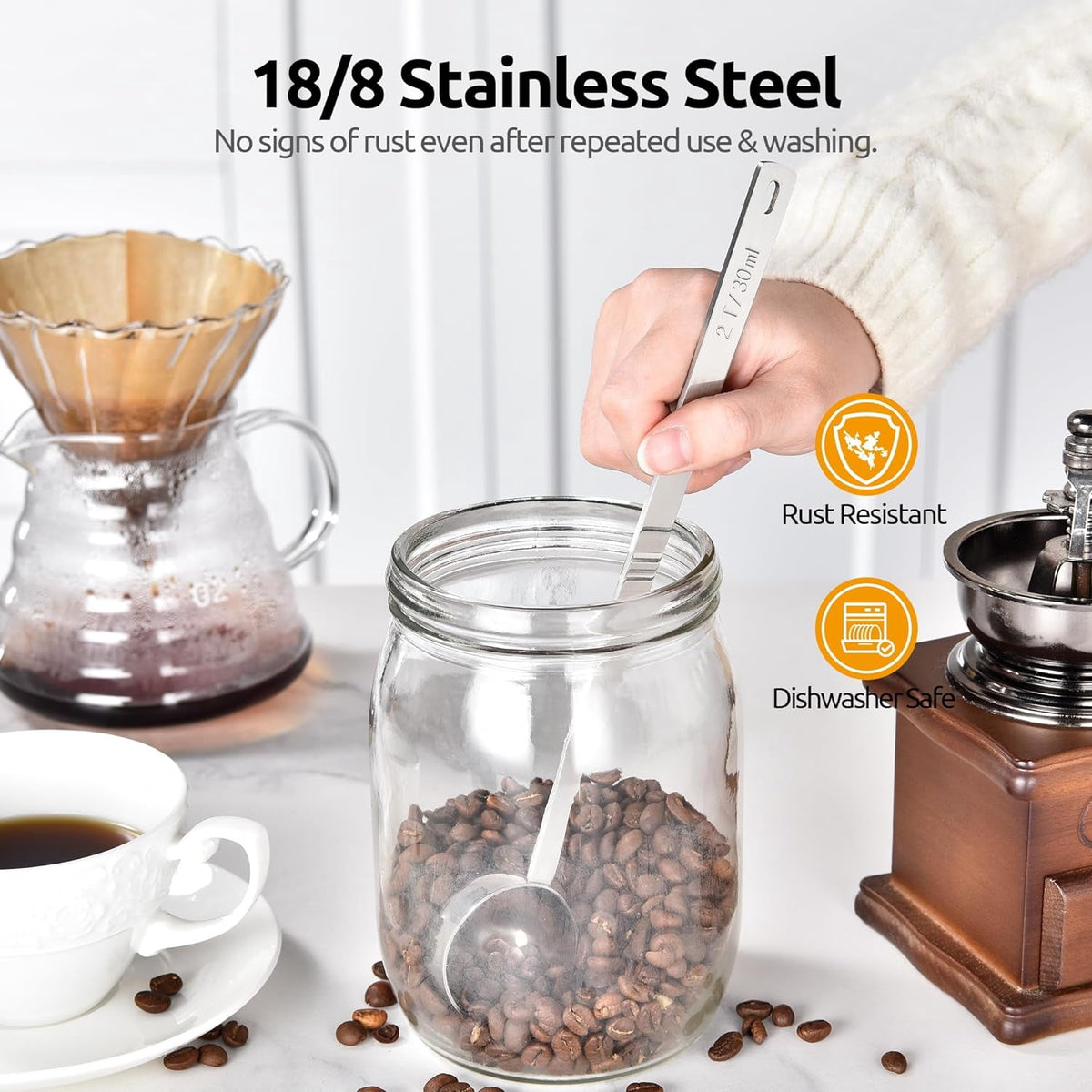 U-Taste Coffee Scoop 1 & 2 Tablespoon: 18/8 Stainless Steel Measuring Scooper for Ground Coffee, Bean, Powder, Espresso, 8.5in Long Handle Metal Meaure Spoon for Canister, Jar (15ml+30ml, Silver)