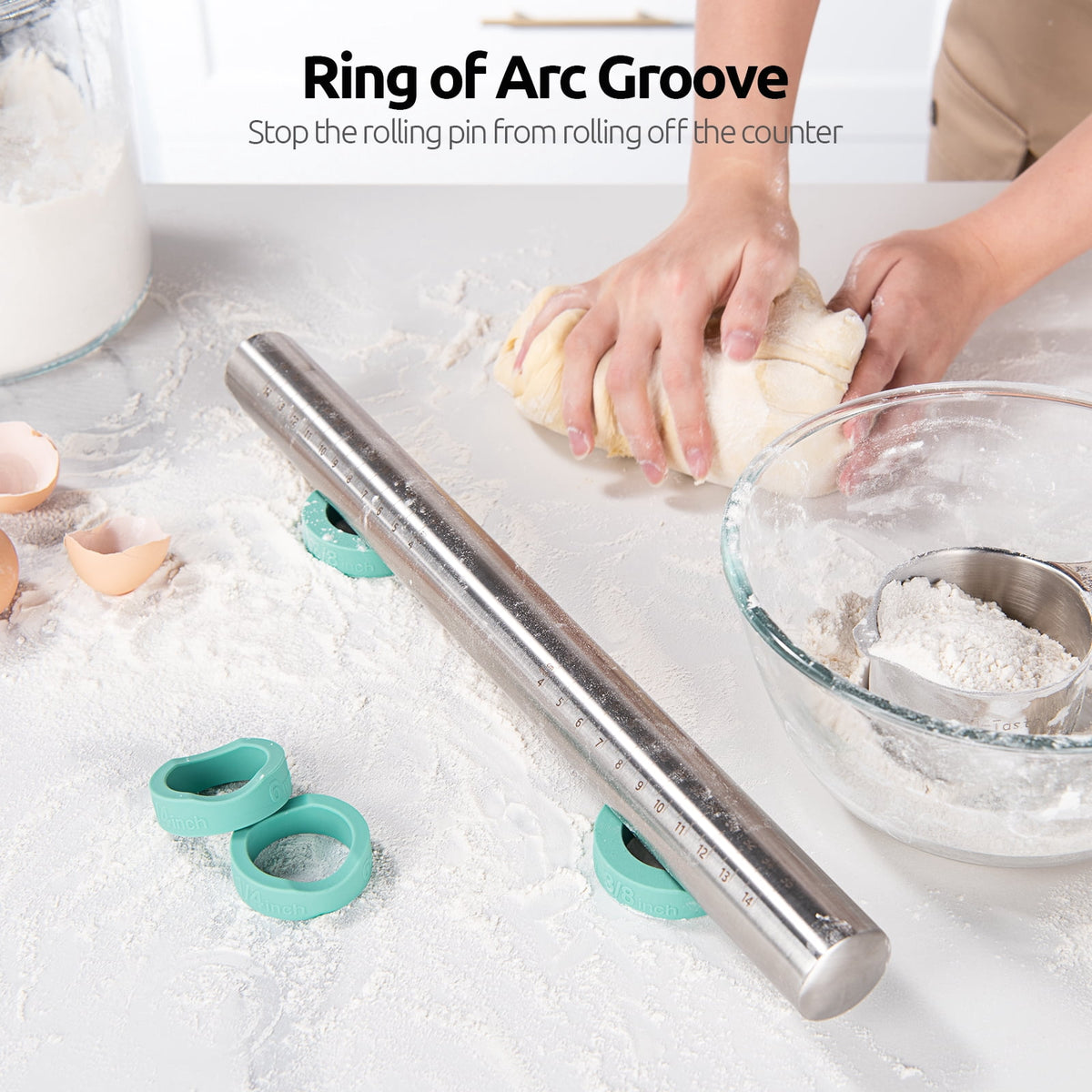 U-Taste Adjustable Rolling Pin, 18/8 Stainless Steel Fondant Roller for Pastry Cookie Pizza, 16in Dough Roller Pin with Silicone Removable Rings