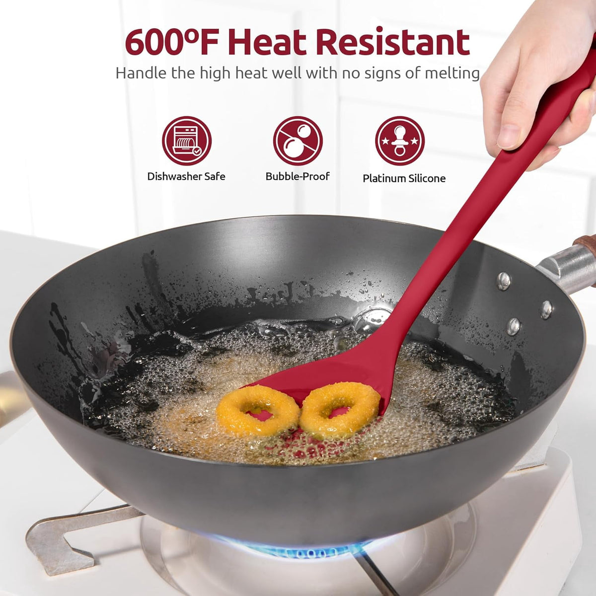 U-Taste 600ºF Heat Resistant Wok Spatula: Silicone Stir Fry Tool Cooking Utensils with Flexible Edge & Sturdy Core, 13.76" Long 3.63" Wide , Red