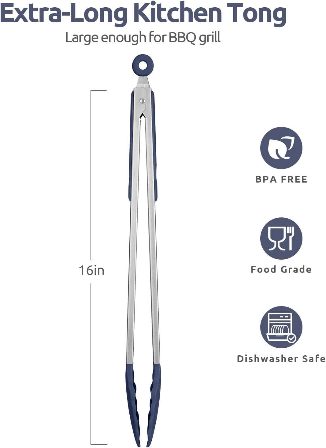 U-Taste Kitchen Tong for Cooking, 600ºF Heat-Resistant Silicone Tips, Extra Long Large Food Tong for Outdoor BBQ Grilling Grabbing, 16in/Midnight Blue