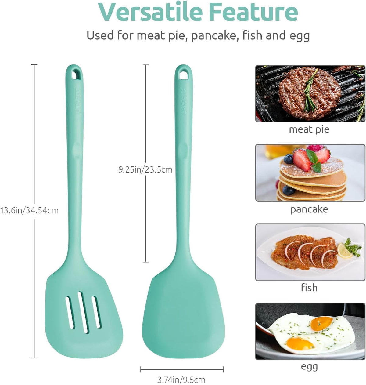 U-Taste 600°F Heat Resistant Silicone Turner Spatula Set of 2, Kitchen Cooking Utensils Set for Flipping Egg Pancake, 13.6" Long/3.7" Wide, Aqua Sky