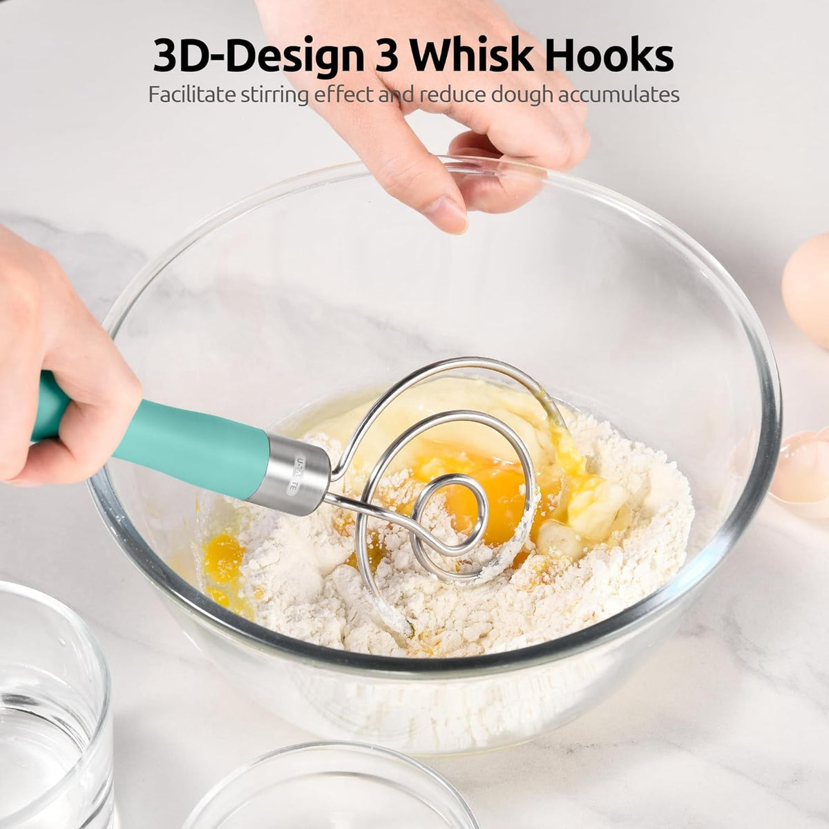 U-Taste Danish Dough Whisk, 18/8 Stainless Steel Sourdough Mixer Tool, Long Handle Dutch Bread Wisk for Mixing/Stirring/Kneading, 12.6in , Aqua Sky