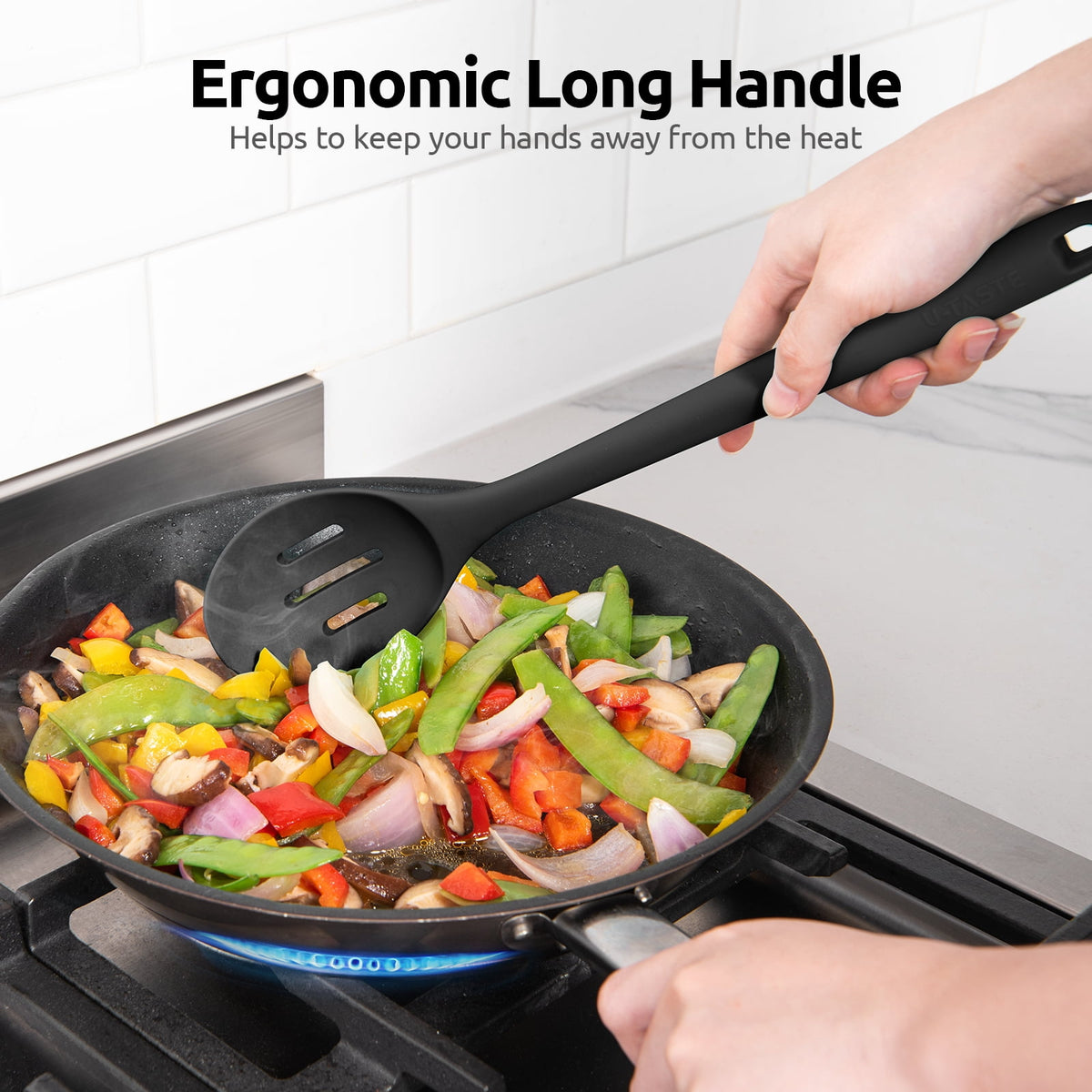 U-Taste 600°F Heat Resistant Silicone Slotted Spoon, 13.3in Long Large Cooking Spoon, Rubber Kitchen Utensil for Mixing/Stirring/Basting, Black