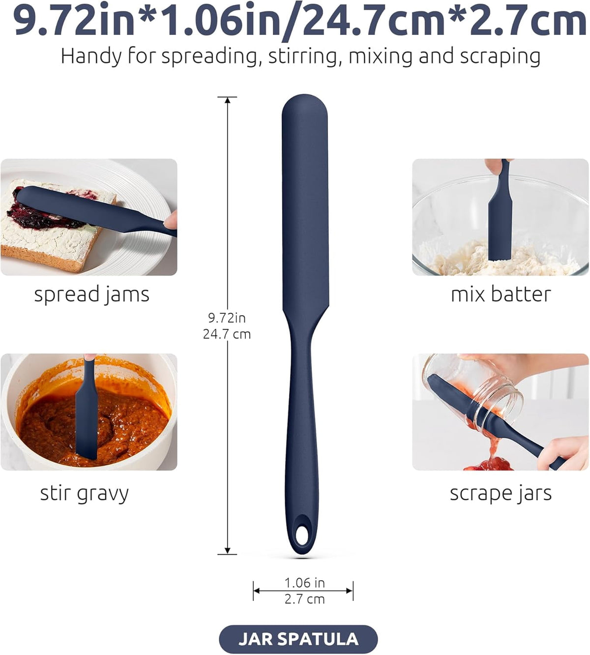 U-Taste Silicone Jar Spatula: 600ºF Heat-Resistant Food-Grade Sourdough Stirring Stick, Seamless Flexible Peanut Butter Spreader, 10in, Midnight Blue