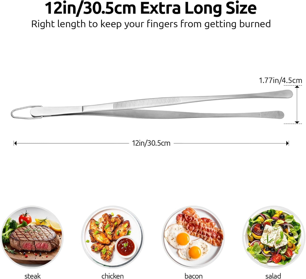 U-Taste Kitchen Cooking Tweezer, 18/8 Stainless Steel Food Grade Metal Food Tong with Non Slip Tips for Plating Serving Grilling, 12in/Round Tip