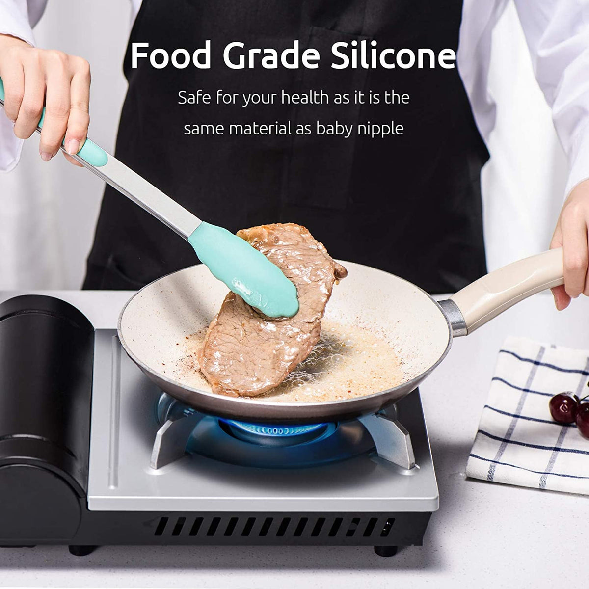 U-Taste 600ºF Heat-Resistant Kitchen Tongs for Cooking, Silicone Tong Utensils Set for Food Serving, Rubber Salad/Grill/BBQ Tongs, 7/9/12in, Aqua Sky