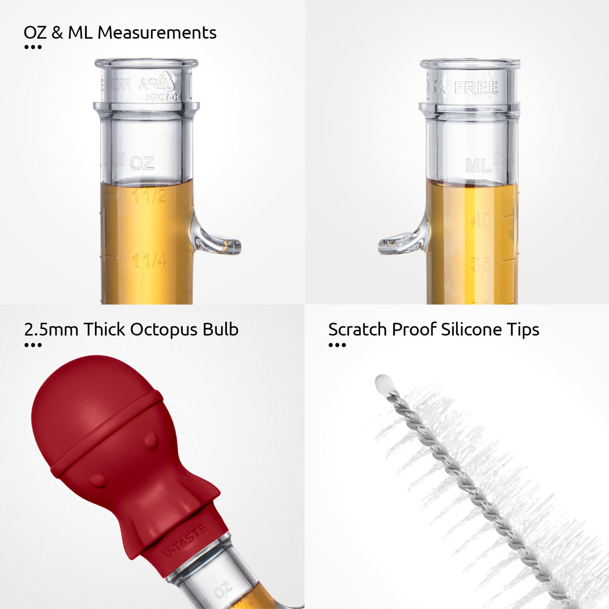 U-Taste 1.5oz Angled Turkey Baster for Cooking, 228.2°F Heat Resistant Food Grade Tritan & Silicone Octopus Bulb Baster, with a Cleaning Brush, Red