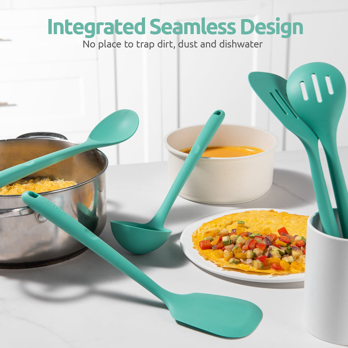 U-Taste Silicone Kitchen Cooking Utensil Set of 5, 446°F Heat Resistant Food Grade Kitchen Tools, 13.6" Long Spatula Turner Spoon Ladle , Aqua Sky