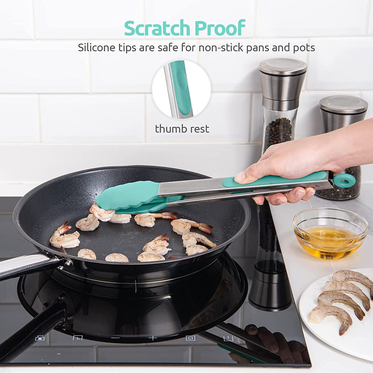 U-Taste Kitchen Tong for Cooking, 480ºF Heat-Resistant Non Stick Silicone Tips, Long Large Rubber Food Tong for Serving Grilling BBQ, 12in, Aqua Sky