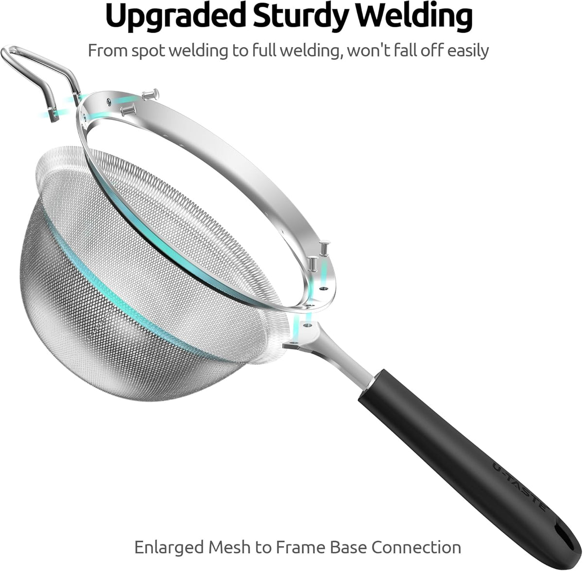 U-Taste Fine Mesh Strainer, 18/8 Stainless Steel Sieve Food Strainer, Kitchen Metal Colander for Rinsing Rice/Quinoa/Flour/Berry Seed, 4.73in, Black