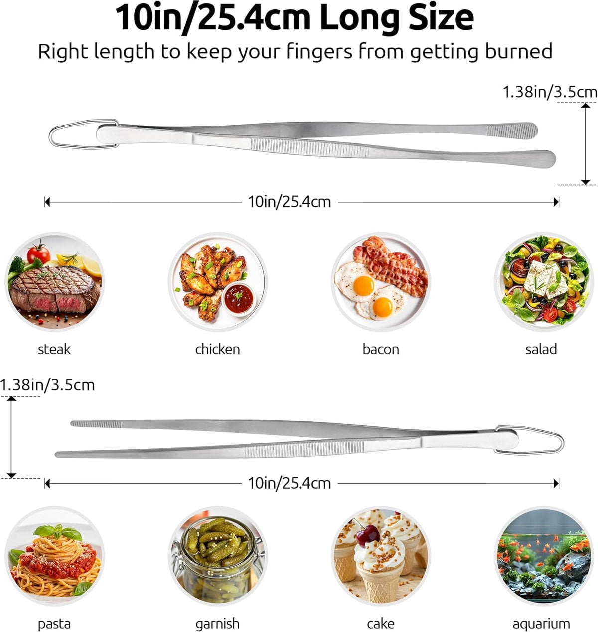 U-Taste Kitchen Cooking Tweezers, 18/8 Stainless Steel Food Grade Metal Food Tong Set, Non Slip Tips for Plating Serving Grill, 10in/Round+Pointed Tip