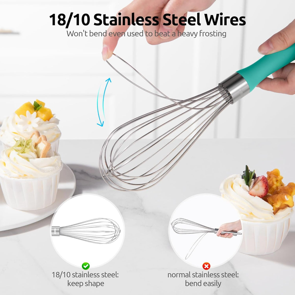 U-Taste Kitchen Wire Whisk for Cooking, 18/10 Stainless Steel Egg Beater with 8 Wires, Baking Tool for Whisking Mixing Stirring Blending, M, Aqua Sky