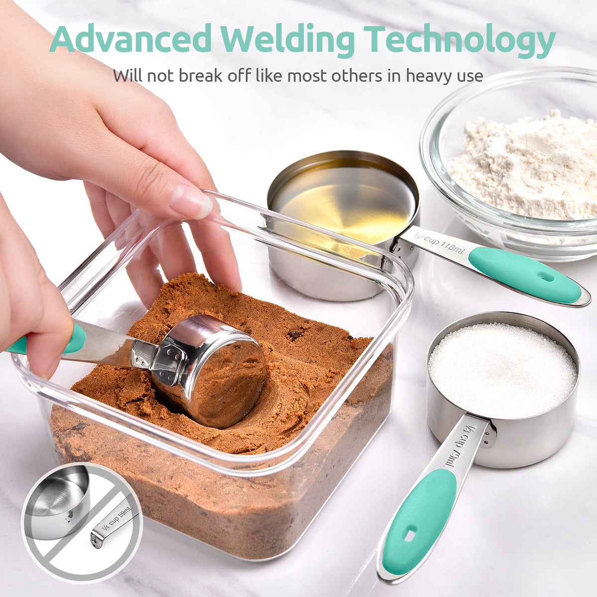 U-Taste 18/8 Stainless Steel Measuring Cups and Spoons Set, Metal Stacking Measure Set for Baking Cooking, Reinforced Welded Joints, 12Pcs, Aqua Sky