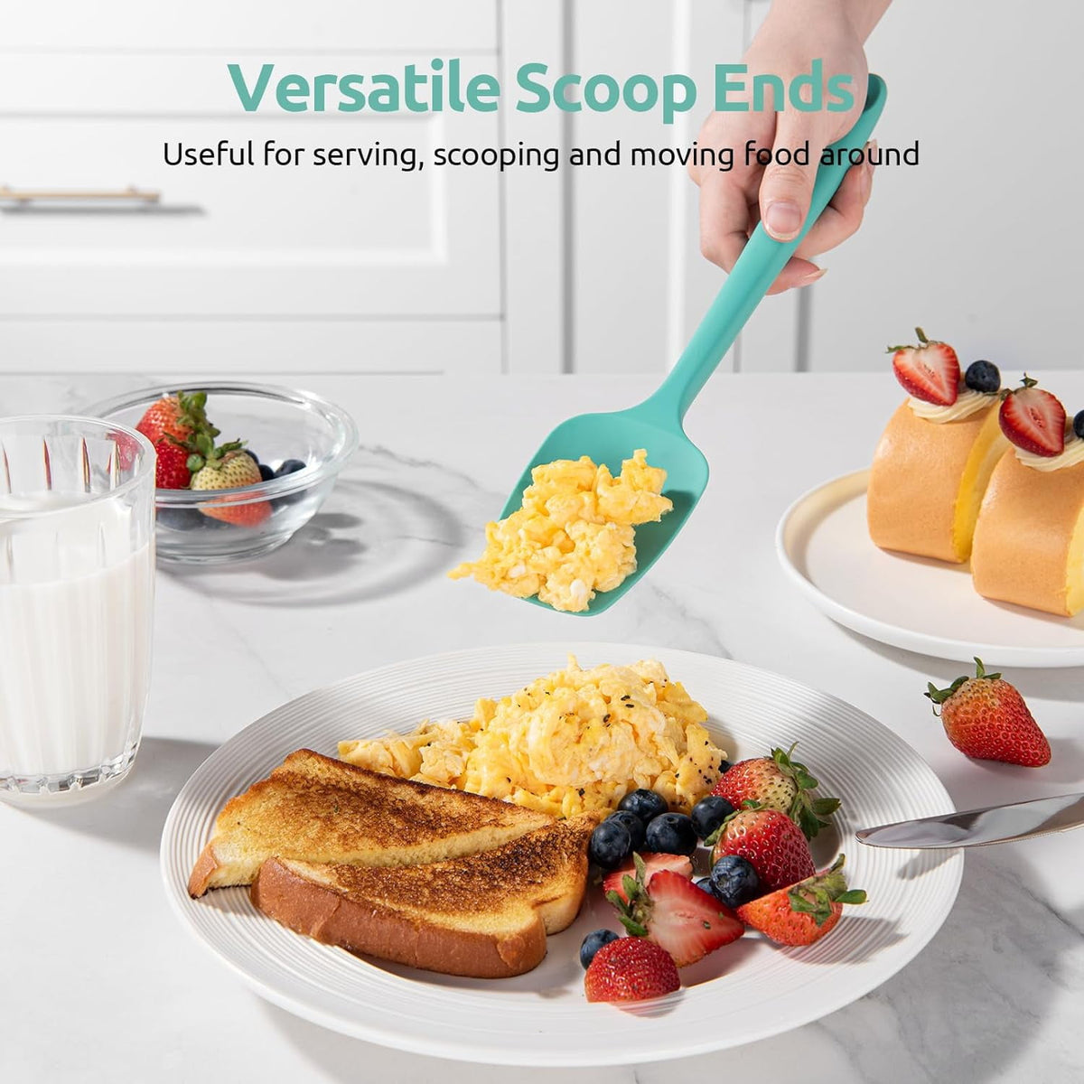 U-Taste Flat Spatula & Spoon Spatula: 11.38in 600°F Heat Resistant Silicone Bowl Scraper, Flexible Rubber Kitchen Cooking Mixing Utensil with Upgraded Non-Stick Surface (Set of 2, Aqua Sky)