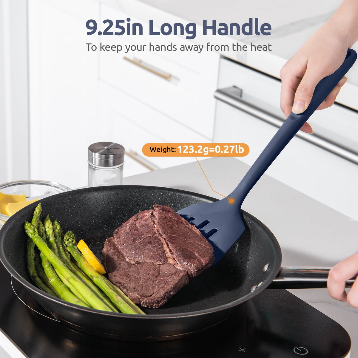 600°F Heat Resistant Slotted Turner: U-Taste 13.6in Silicone Kitchen Spatula Flipper, 3.85in Wide BPA Free Flexible Thin Rubber Cooking Utensil for Egg, Pancake in Nonstick Cookware (Midnight Blue)