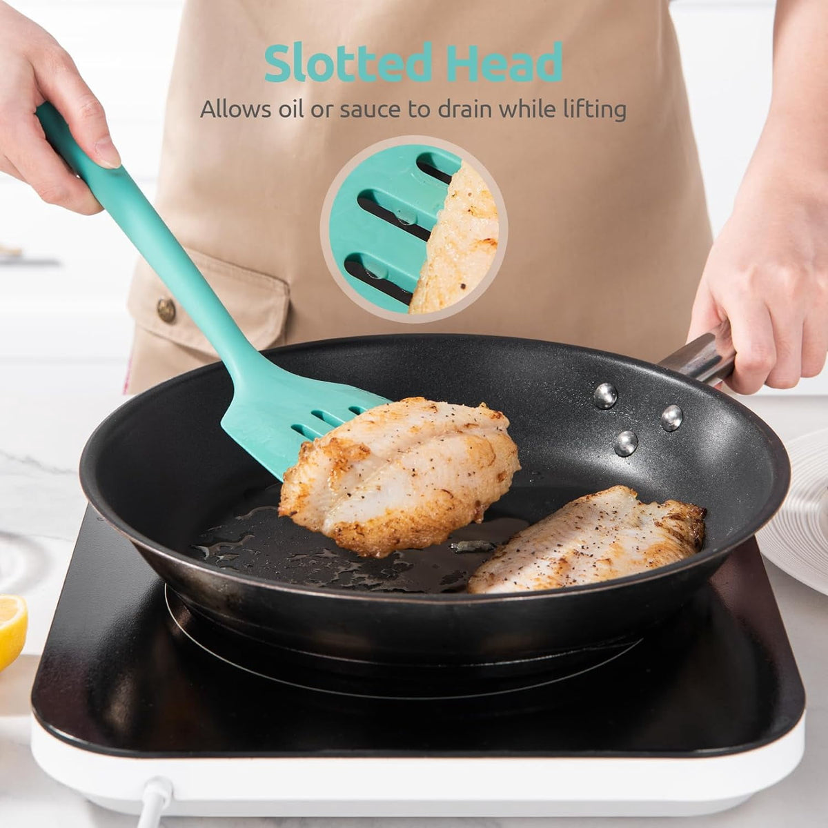 U-Taste 600°F Heat Resistant Silicone Turner Spatula Set of 2, Kitchen Cooking Utensils Set for Flipping Egg Pancake, 13.6" Long/3.7" Wide, Aqua Sky