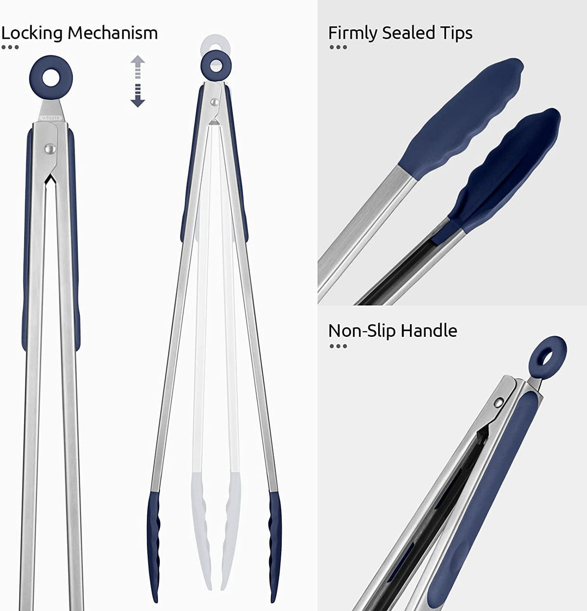U-Taste Kitchen Tong for Cooking, 600ºF Heat-Resistant Silicone Tips, Extra Long Large Food Tong for Outdoor BBQ Grilling Grabbing, 16in/Midnight Blue