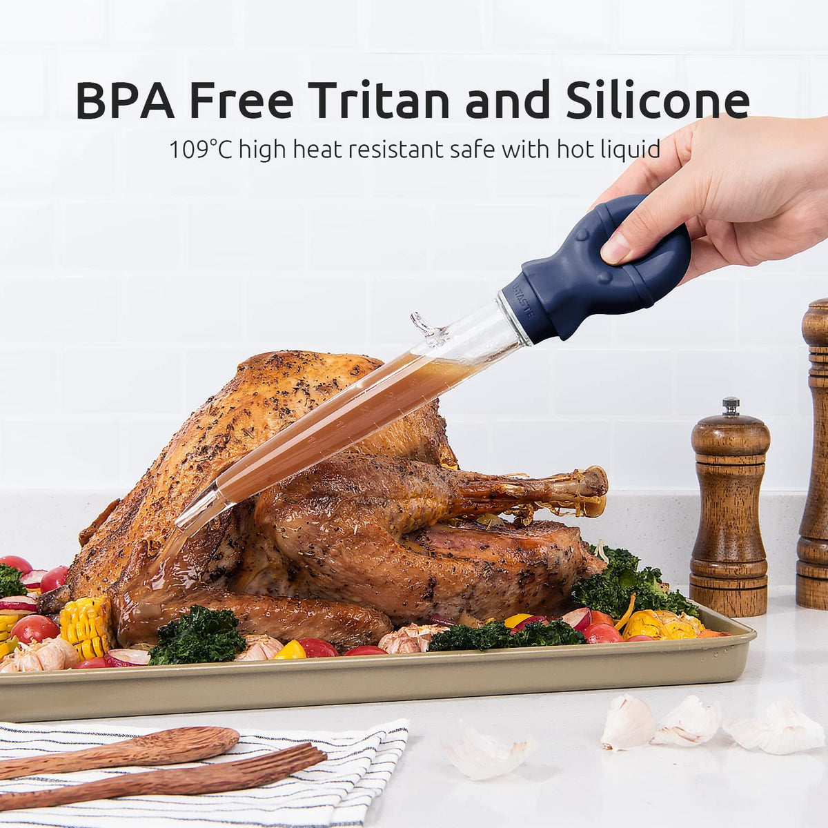 U-Taste 1.5oz Angled Turkey Baster for Cooking, 228.2°F Heat Resistant Food Grade Tritan & Silicone Octopus Bulb Baster, a Cleaning Brush, Navy Blue
