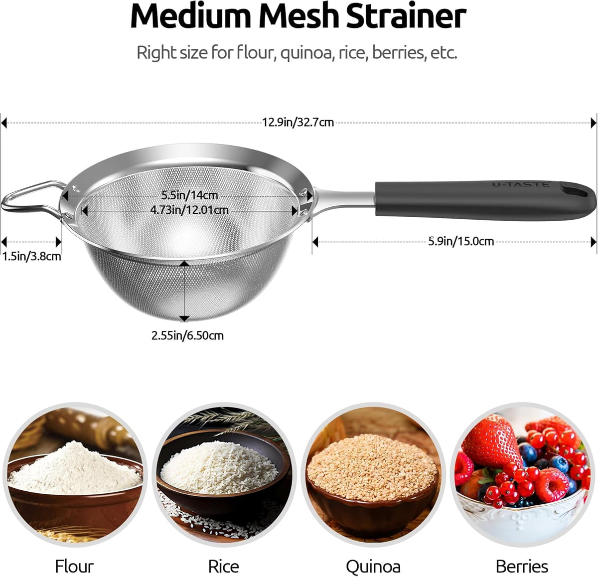 U-Taste Fine Mesh Strainer, 18/8 Stainless Steel Sieve Food Strainer, Kitchen Metal Colander for Rinsing Rice/Quinoa/Flour/Berry Seed, 4.73in, Black