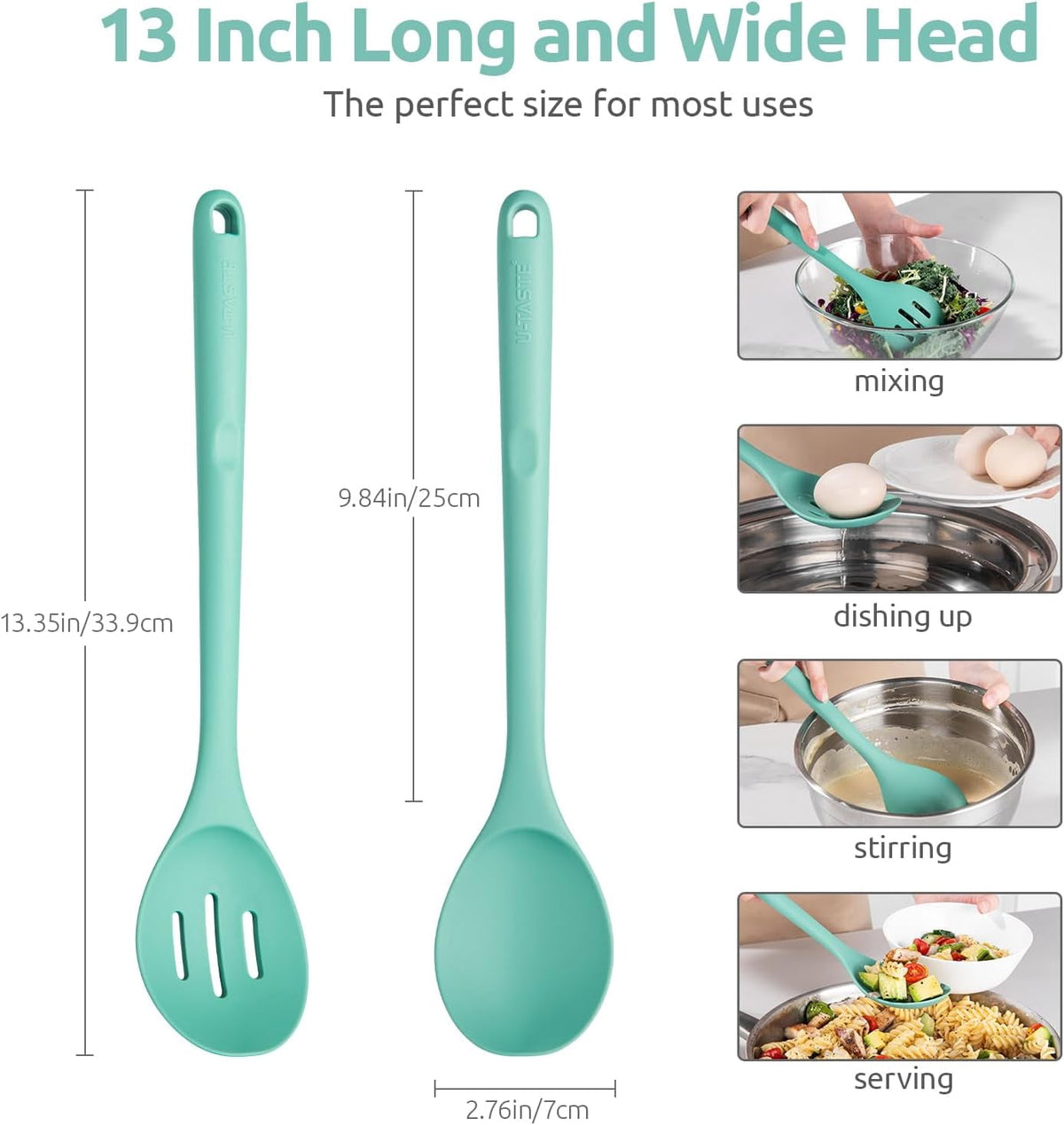 U-Taste 600°F Heat Resistant Silicone Spoons Set of 2, 13.3in Long Large Cooking Spoon, Rubber Kitchen Utensil for Mixing/Stirring/Serving, Aqua Sky