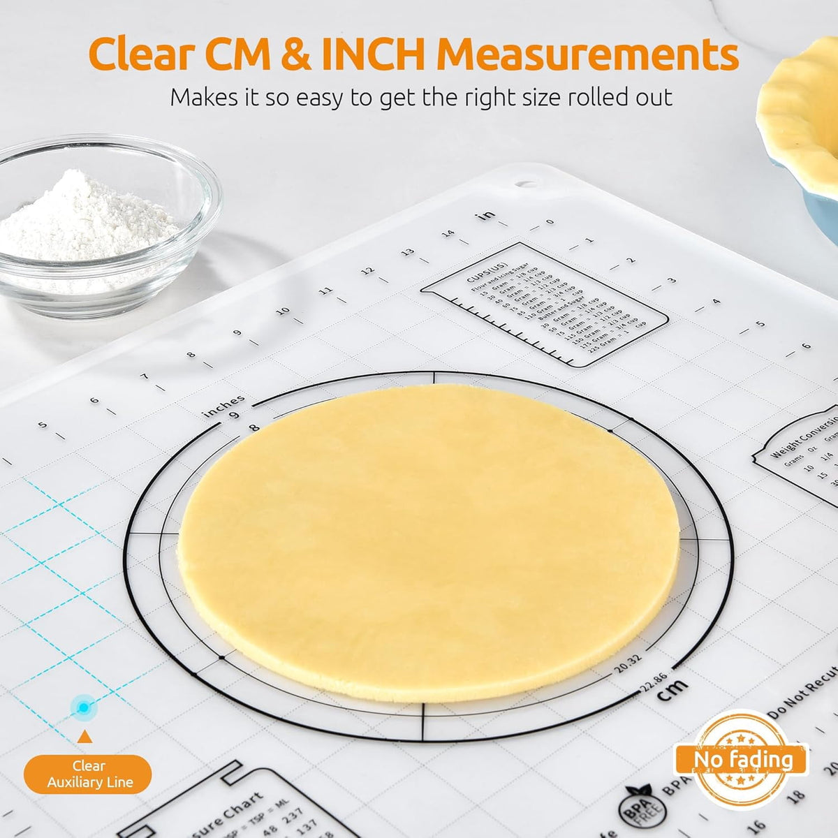 U-Taste 20"x16" Silicone Pastry Mat, Food Grade Dough Rolling Baking Sheet, Non Slip for Kneading Pizza Cookie Pie Crust, Clear Measurement, Clear