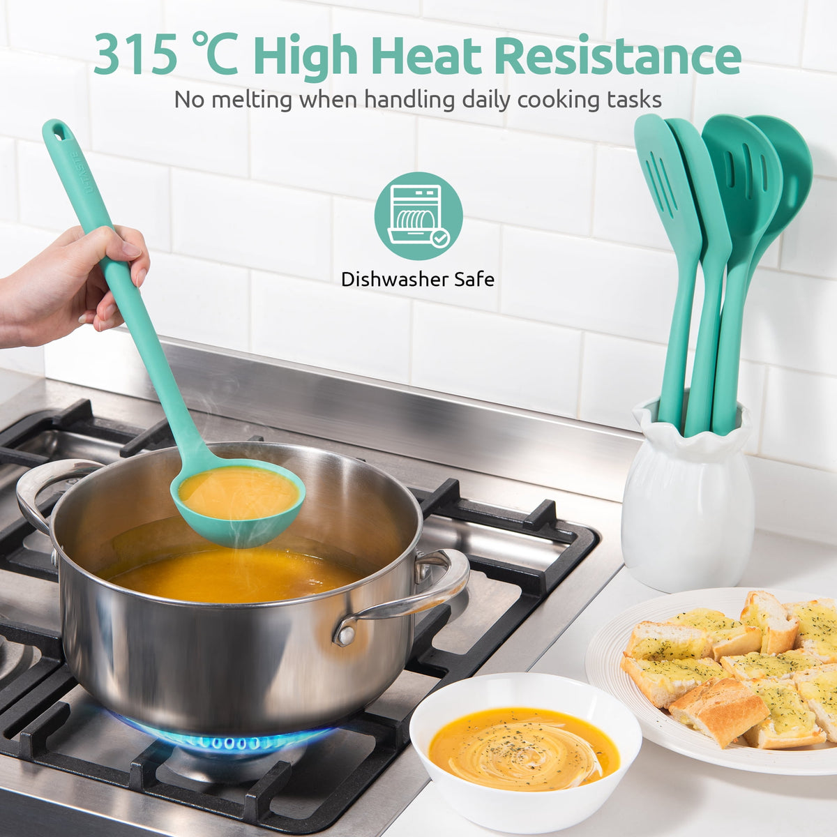 U-Taste Silicone Kitchen Cooking Utensil Set of 5, 446°F Heat Resistant Food Grade Kitchen Tools, 13.6" Long Spatula Turner Spoon Ladle , Aqua Sky
