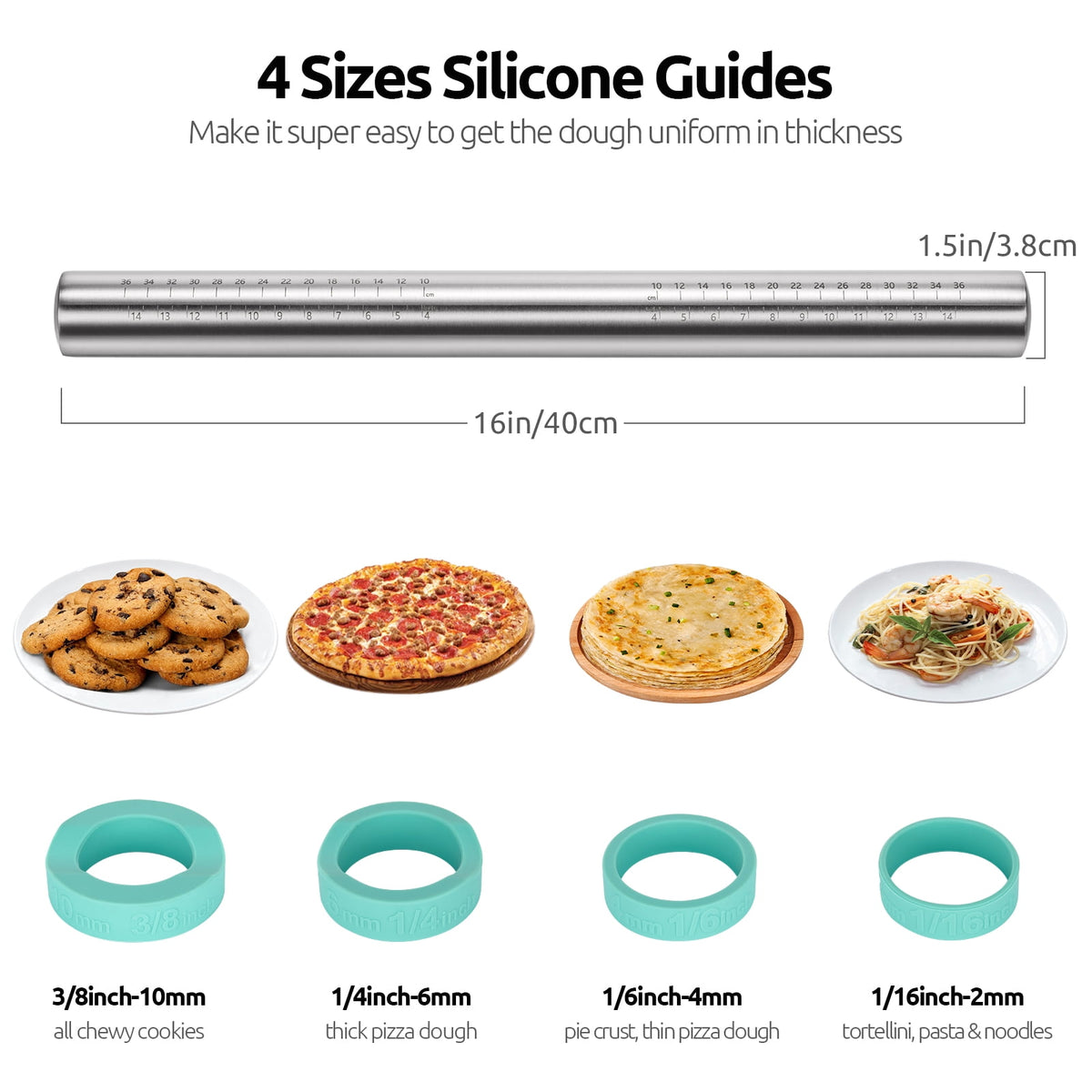 U-Taste Adjustable Rolling Pin, 18/8 Stainless Steel Fondant Roller for Pastry Cookie Pizza, 16in Dough Roller Pin with Silicone Removable Rings