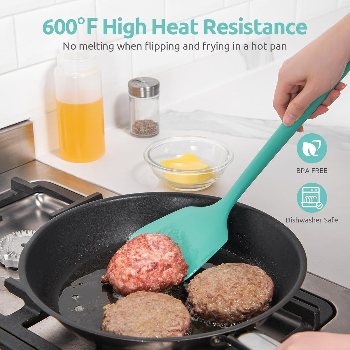 U-Taste 600°F Heat Resistant Silicone Turner Spatula Set of 2, Kitchen Cooking Utensils Set for Flipping Egg Pancake, 13.6" Long/3.7" Wide, Aqua Sky