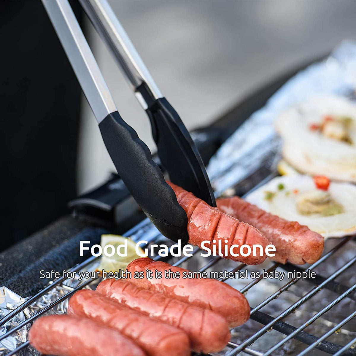 U-Taste 600ºF Heat-Resistant Kitchen Tongs for Cooking, Silicone Tong Utensils Set for Food Serving, Rubber Salad/Grill/BBQ Tongs, 7/9/12in, Black