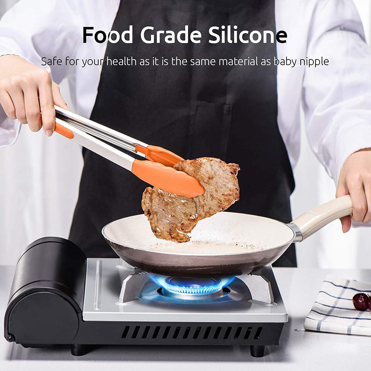 U-Taste 600ºF Heat-Resistant Kitchen Tongs for Cooking, Silicone Tong Utensils Set for Food Serving, Rubber Salad/Grill/BBQ Tongs, 7/9/12in, Orange