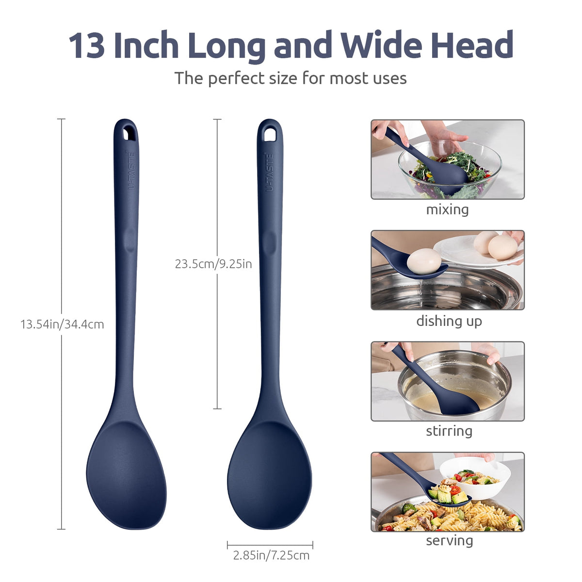 U-Taste 600°F Heat Resistant Silicone Cooking Spoon, 13.3" Long Large Mixing Spoon, Rubber Kitchen Utensil for Stirring/Basting/Serving, Midnight Blue