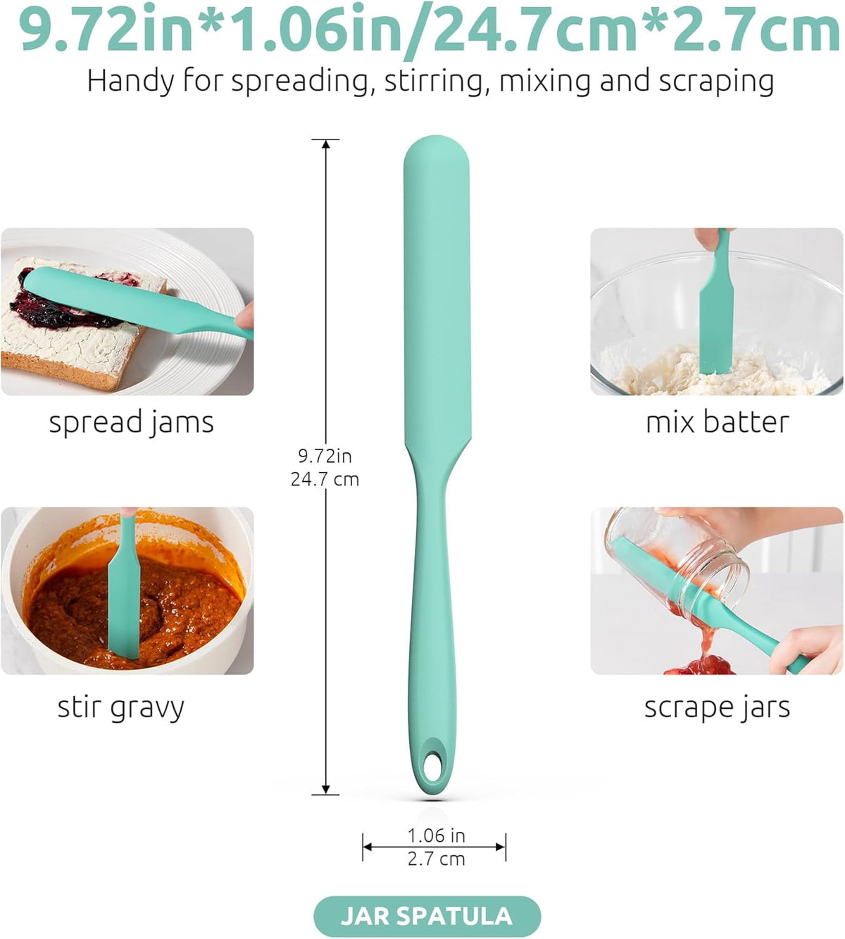 U-Taste Silicone Jar Spatula: 600ºF Heat-Resistant Food-Grade Sourdough Stirring Stick, Long Seamless Flexible Peanut Butter Spreader, 10in, Aqua Sky
