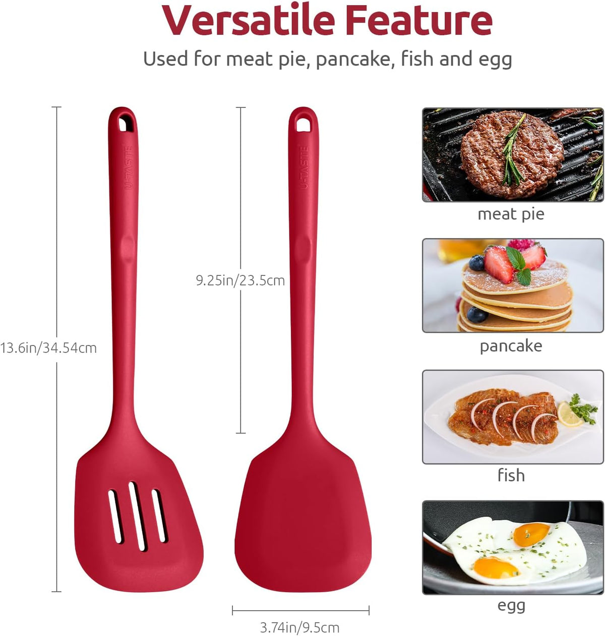 600°F Heat Resistant Silicone Turners: U-Taste 13.6in Long Solid & Slotted Kitchen Spatula Flipper, Food Grade Flexible Cooking Utensil for Flipping Egg, Pancake in Nonstick Cookware (Red, 2PCS)
