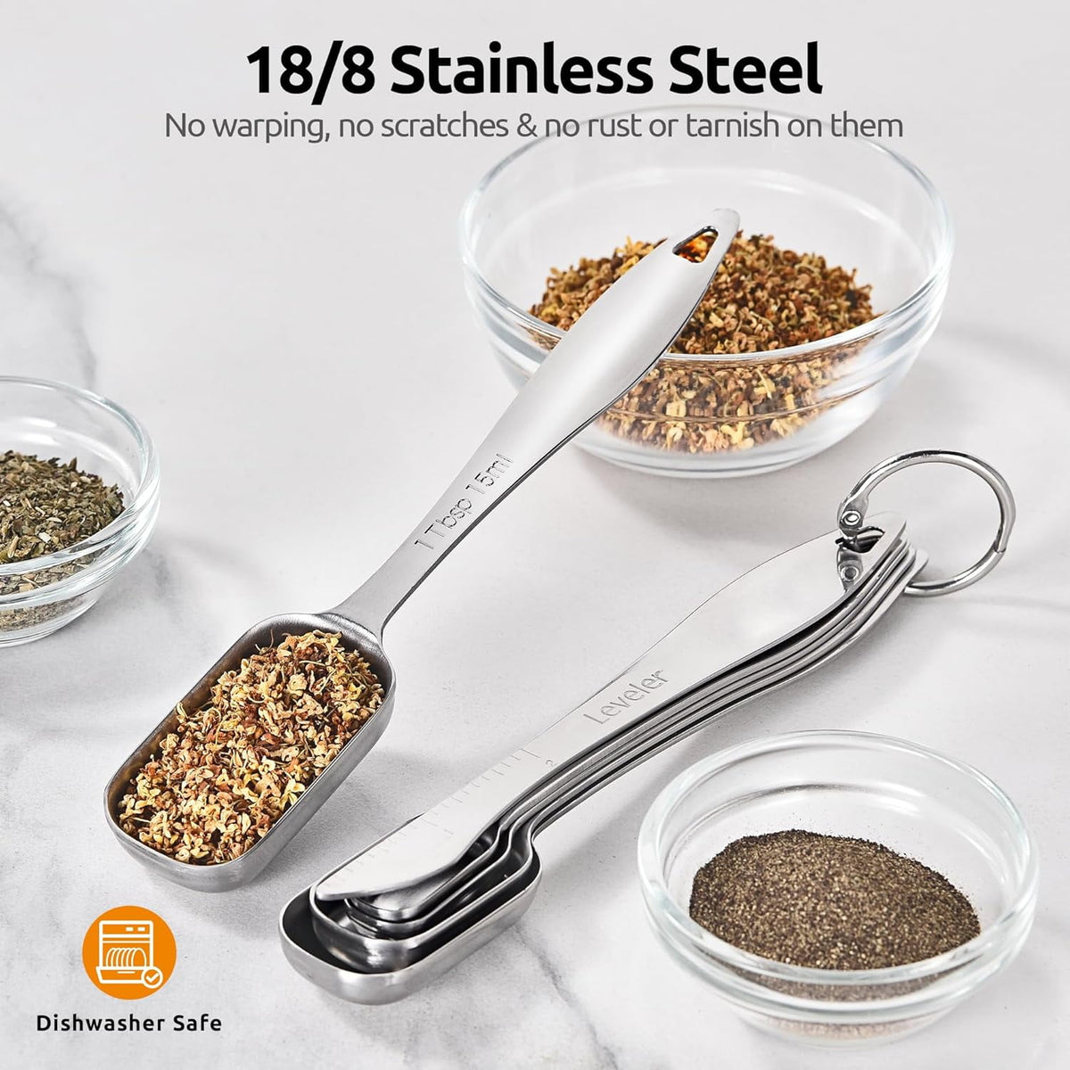 U-Taste Narrow Square Measuring Spoons Set of 8, 18/8 Stainless Steel Measure Teaspoon Tablespoon with Leveler, Rectangular Jar Scoop for Spice Jars