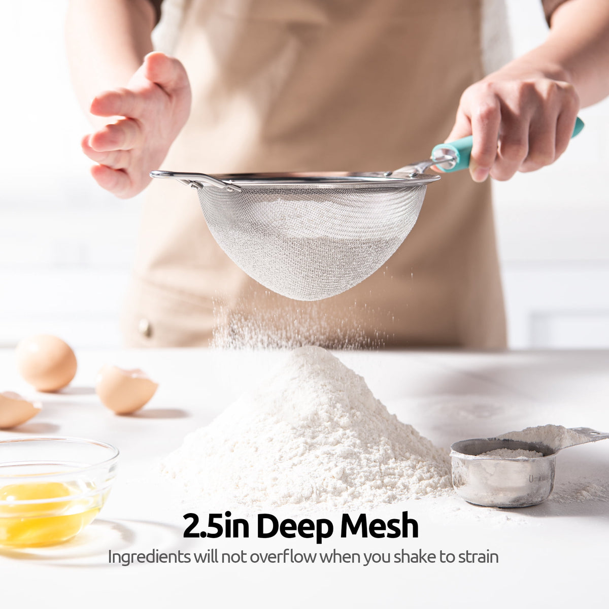 U-Taste 18/8 Stainless Steel Mesh Strainer, 30 Mesh Fine Sieve Food Strainer, Kitchen Colander for Straining Quinoa/Flour/Pasta/Fruit, 5.5in, Aqua Sky