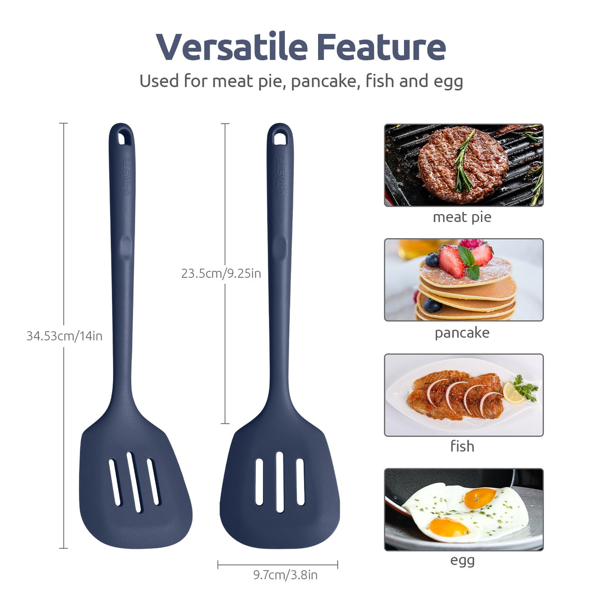 600°F Heat Resistant Slotted Turner: U-Taste 13.6in Silicone Kitchen Spatula Flipper, 3.85in Wide BPA Free Flexible Thin Rubber Cooking Utensil for Egg, Pancake in Nonstick Cookware (Midnight Blue)
