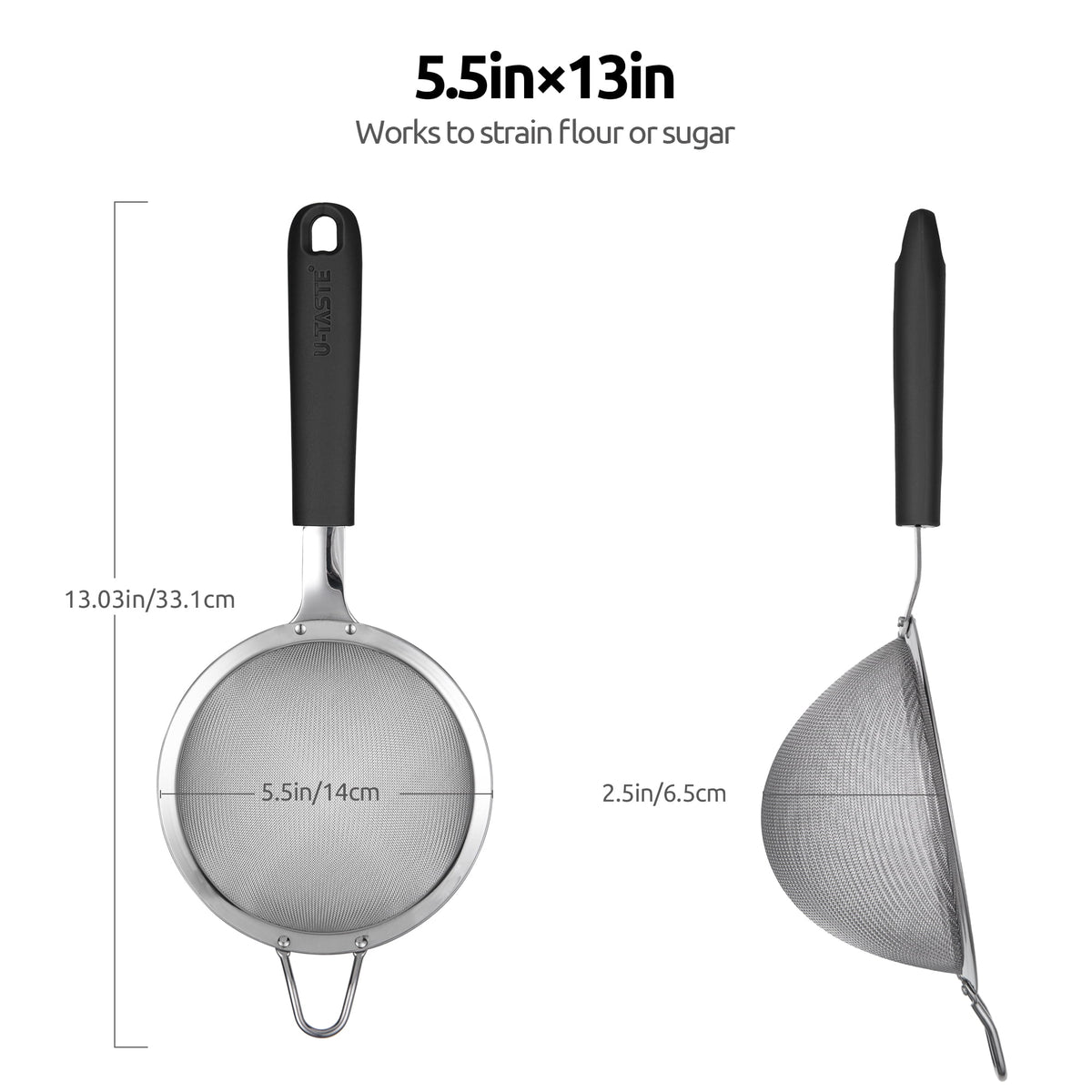 U-Taste 18/8 Stainless Steel Mesh Strainer, 30 Mesh Fine Sieve Food Strainer, Kitchen Colander for Straining Quinoa/Flour/Pasta/Fruit, 5.5in, Black