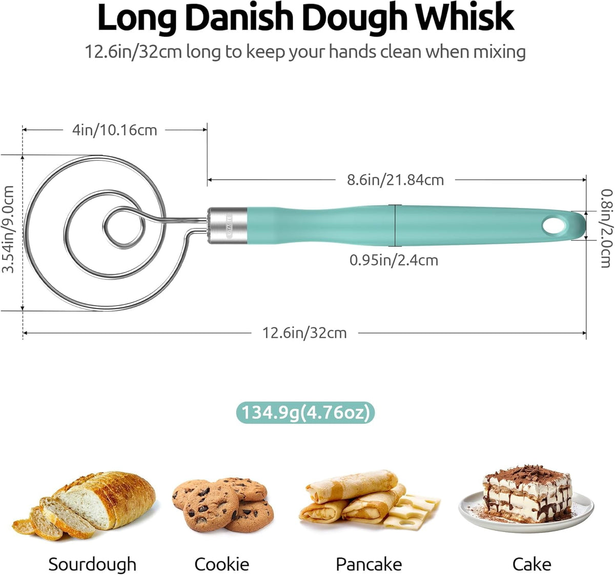 U-Taste Danish Dough Whisk, 18/8 Stainless Steel Sourdough Mixer Tool, Long Handle Dutch Bread Wisk for Mixing/Stirring/Kneading, 12.6in , Aqua Sky