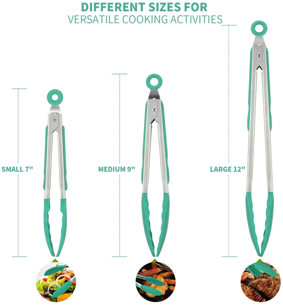 U-Taste 480ºF Heat-Resistant Kitchen Tongs for Cooking, Silicone Tong Utensils Set for Food Serving, Rubber Salad/Grill/BBQ Tongs, 7/9/12in, Aqua Sky