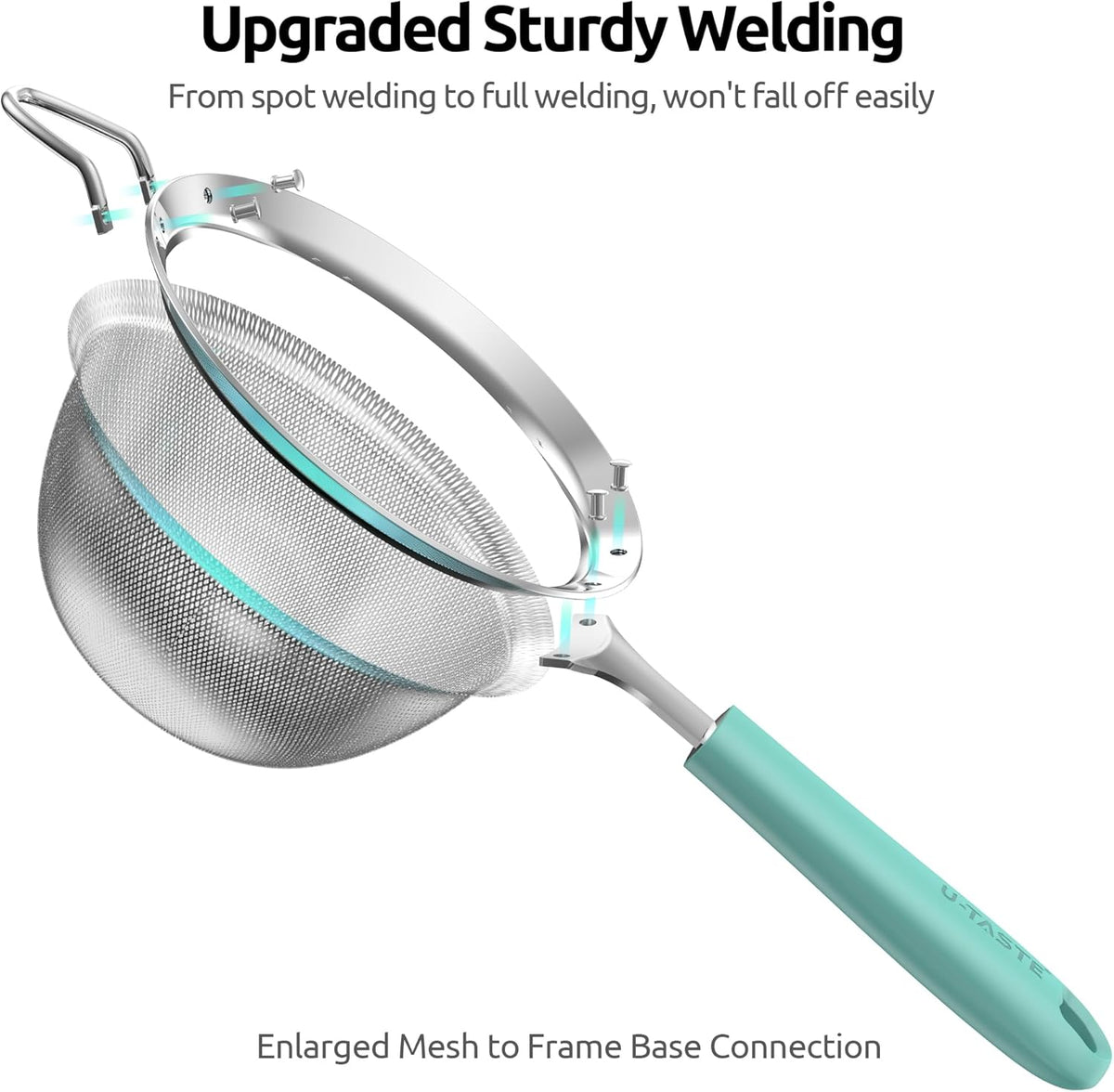 U-Taste Fine Mesh Strainer, 18/8 Stainless Steel Sieve Food Strainer, Kitchen Metal Colander for Rinsing Rice/Quinoa/Flour/Berry Seed, 4.73", Aqua Sky