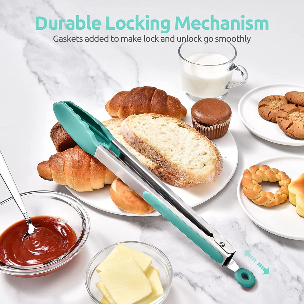 U-Taste Kitchen Tong for Cooking, 600ºF Heat-Resistant Non Stick Silicone Tips, Long Large Rubber Food Tong for Serving Grilling BBQ, 12in, Aqua Sky