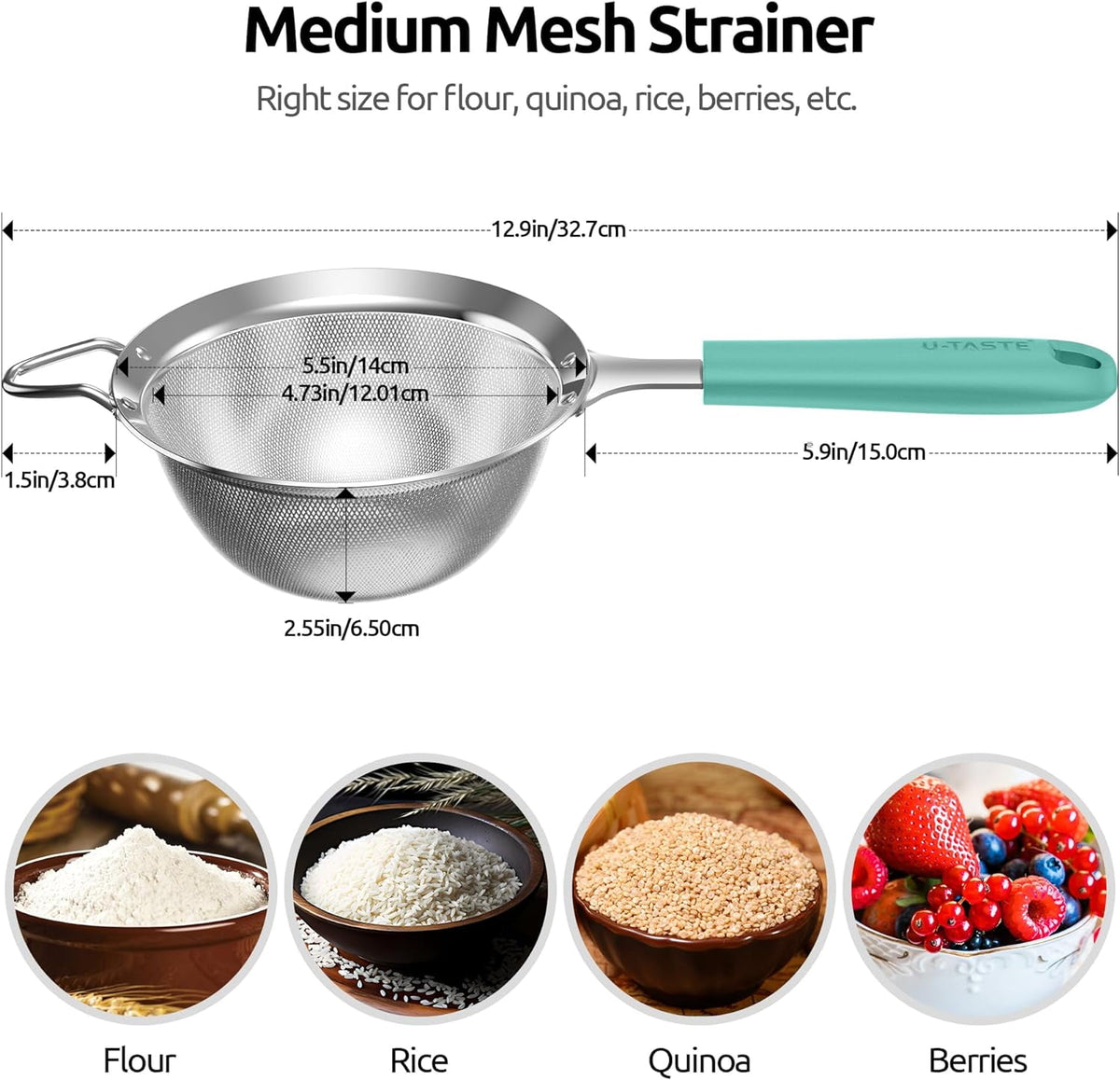 U-Taste Fine Mesh Strainer, 18/8 Stainless Steel Sieve Food Strainer, Kitchen Metal Colander for Rinsing Rice/Quinoa/Flour/Berry Seed, 4.73", Aqua Sky