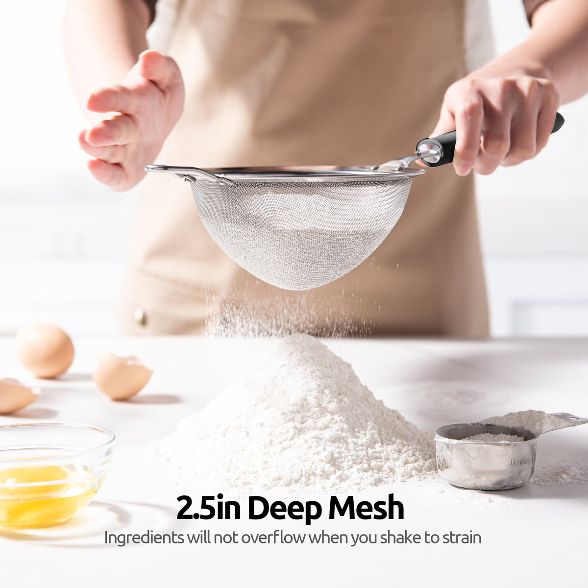 U-Taste 18/8 Stainless Steel Mesh Strainer, 30 Mesh Fine Sieve Food Strainer, Kitchen Colander for Straining Quinoa/Flour/Pasta/Fruit, 5.5in, Black