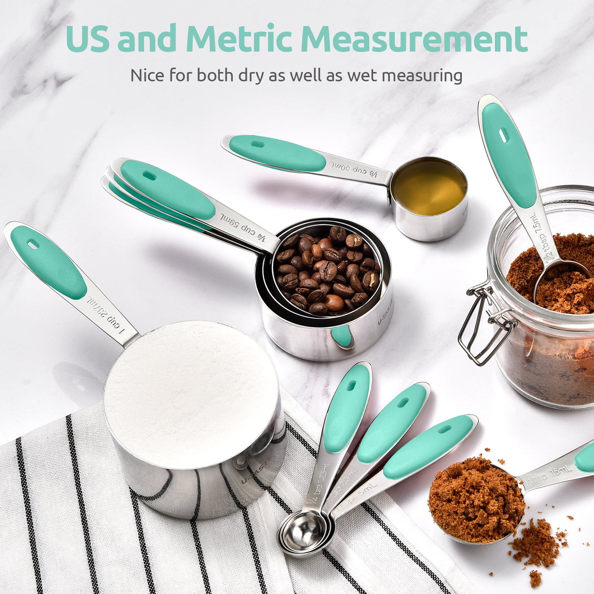 U-Taste 18/8 Stainless Steel Measuring Cups and Spoons Set, Metal Stacking Measure Set for Baking Cooking, Reinforced Welded Joints, 10Pcs, Aqua Sky
