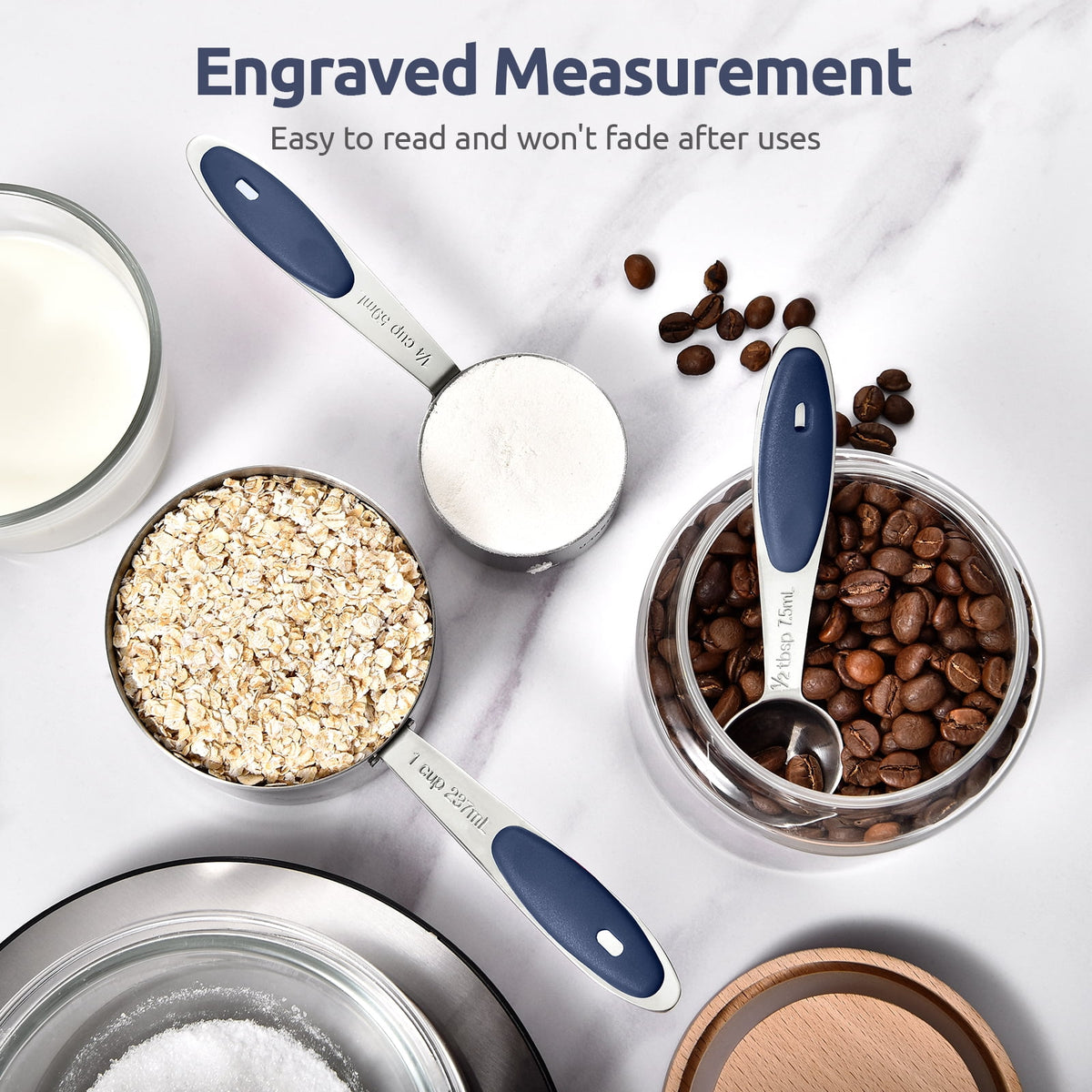 U-Taste 18/8 Stainless Steel Measuring Cups Spoons Set, Metal Stacking Measure Set for Baking Cooking, Reinforced Welded Joints, 10Pcs, Midnight Blue