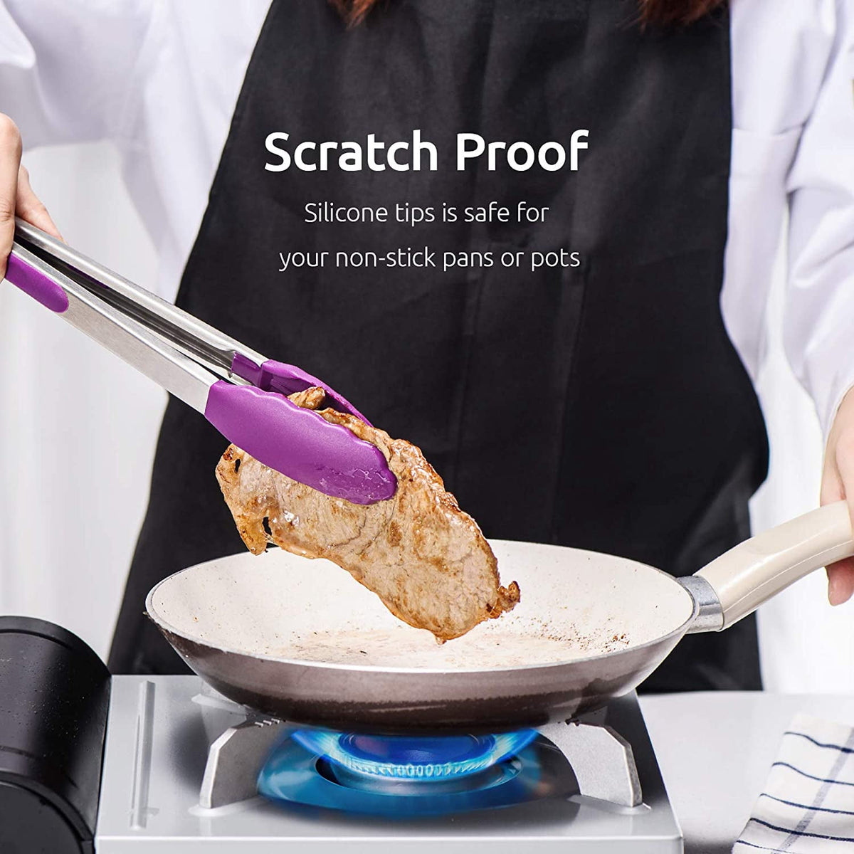 U-Taste 600ºF Heat-Resistant Kitchen Tongs for Cooking, Silicone Tong Utensils Set for Food Serving, Rubber Salad/Grill/BBQ Tongs, 7/9/12in, Purple