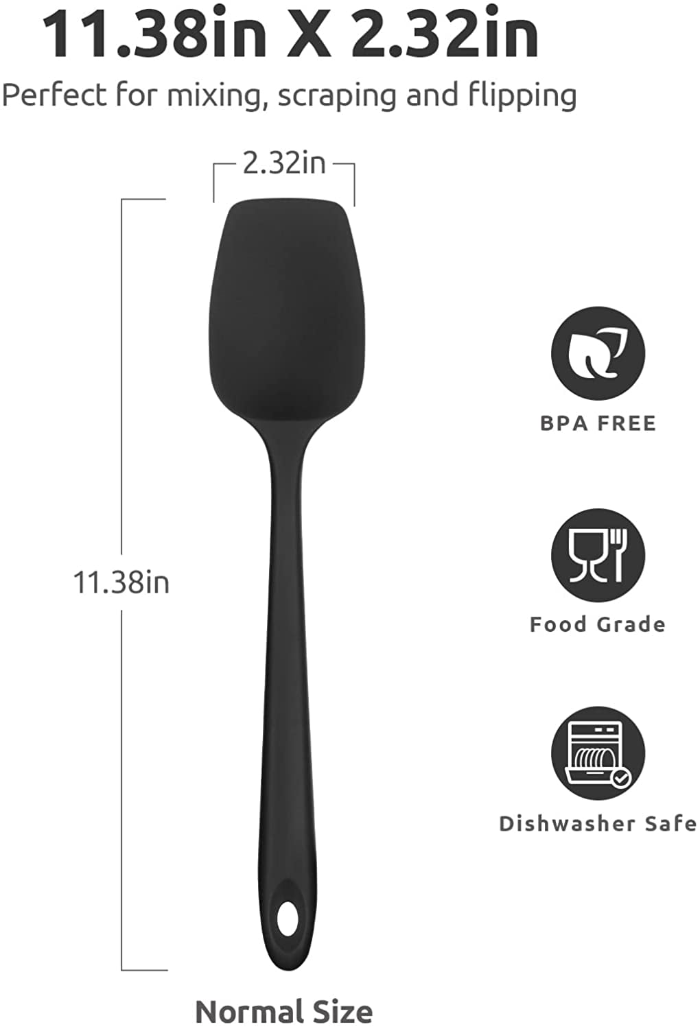 U-Taste Silicone Spoon Spatula, 600ºF High Heat Resistant Kitchen Spoons for Cooking Mixing Stirring, 11.38in Food Grade Rubber Spoonula Scoop, Black