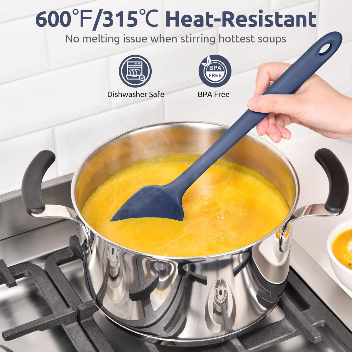 U-Taste 14in Extra Long Spoon Spatula: 600ºF Heat Resistant Silicone Spoonula Cooking Utensils for Kitchen Use, Non-Stick Scoop Scraper, Midnight Blue